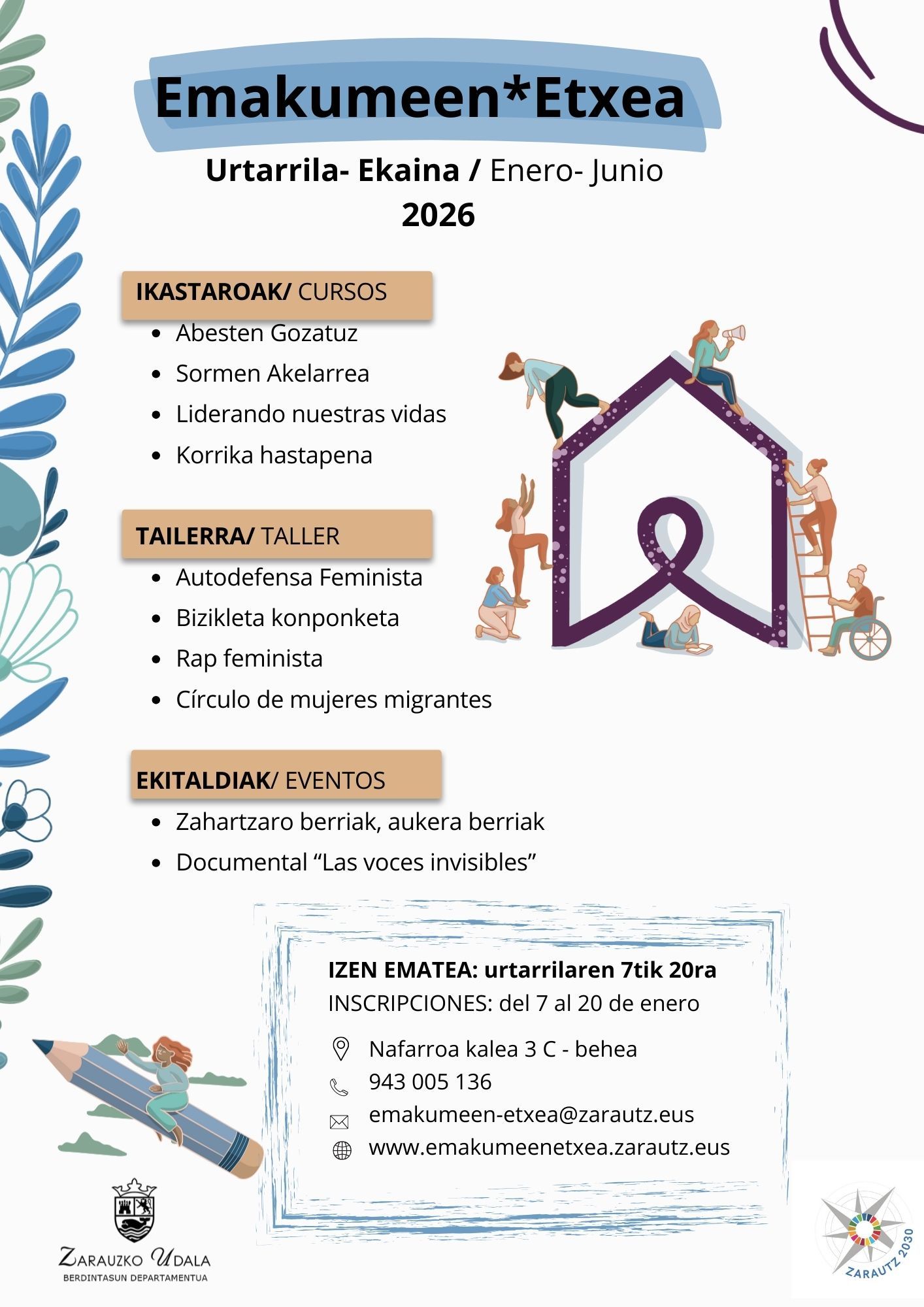 Cartel de la escuela de empoderamiento de la Emakumeen Etxea de Zarautz.