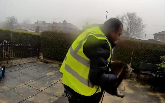 El repartidor, llevándose a la gata.