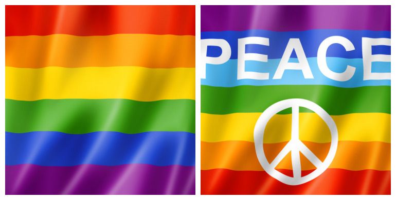 A la izquierda, la bandera LGTBI; a la derecha, la de la paz.
