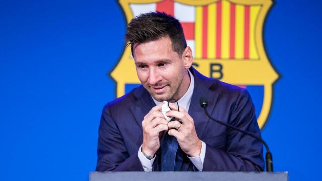 Leo Messi en la rueda de prensa de sus despedida del FC Barcelona.