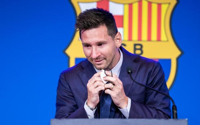 Leo Messi en la rueda de prensa de sus despedida del FC Barcelona.