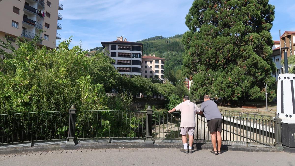 Dos vecinos observan el río Urola, desde uno de los puentes que une Urretxu y Zumarraga.