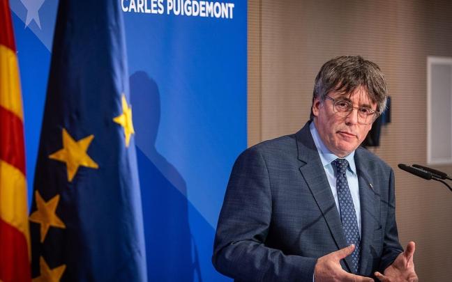 El expresident de la Generalitat Carles Puigdemont durante su conferencia del 5 de septiembre en Bruselas.