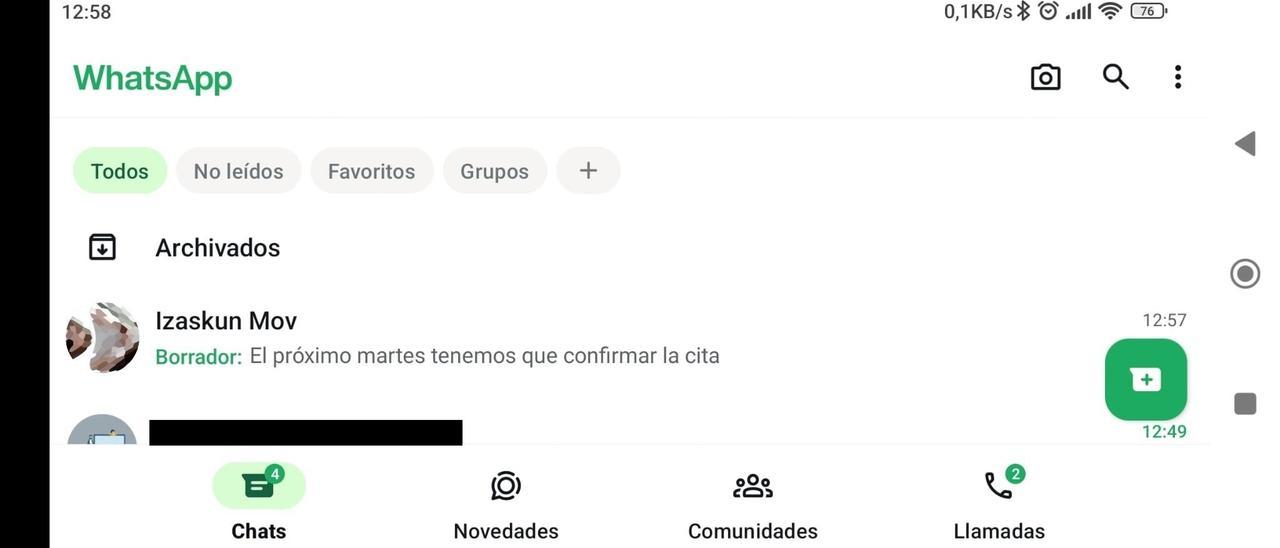 Ejemplo de cómo se ve el aviso del' Borrador' de un mensaje sin enviar en WhatsApp.
