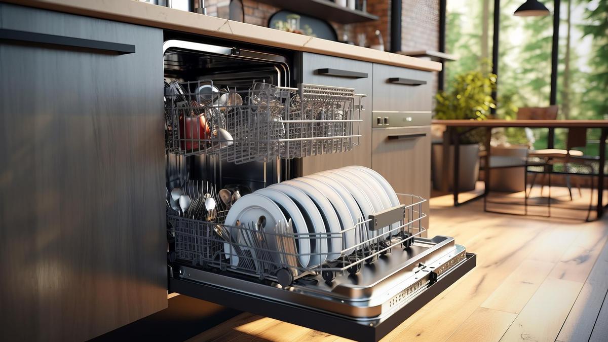 Lavavajillas abierto con el menaje de cocina limpio.