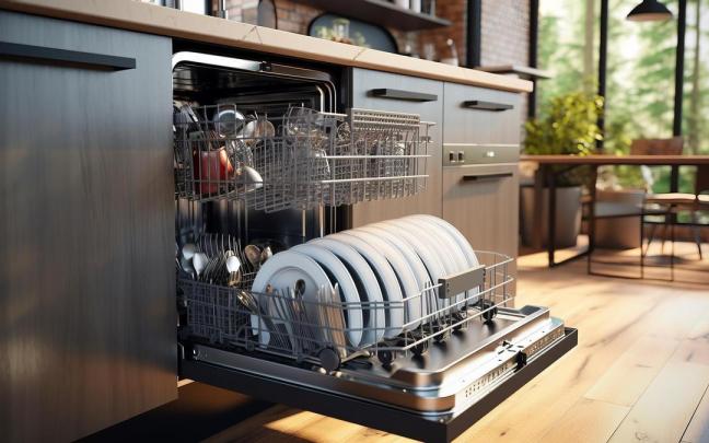 Lavavajillas abierto con el menaje de cocina limpio.