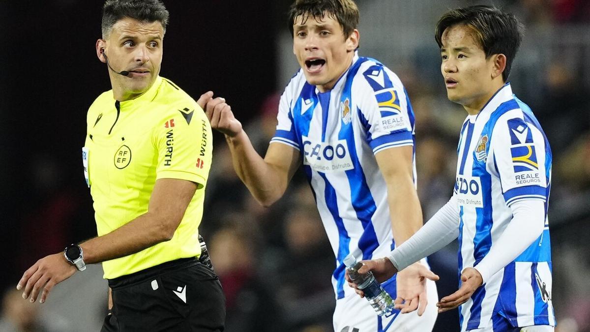 Le Normand protesta a Gil Manzano durante un partido de la presente temporada. / ENRIC FONTCUBERTA