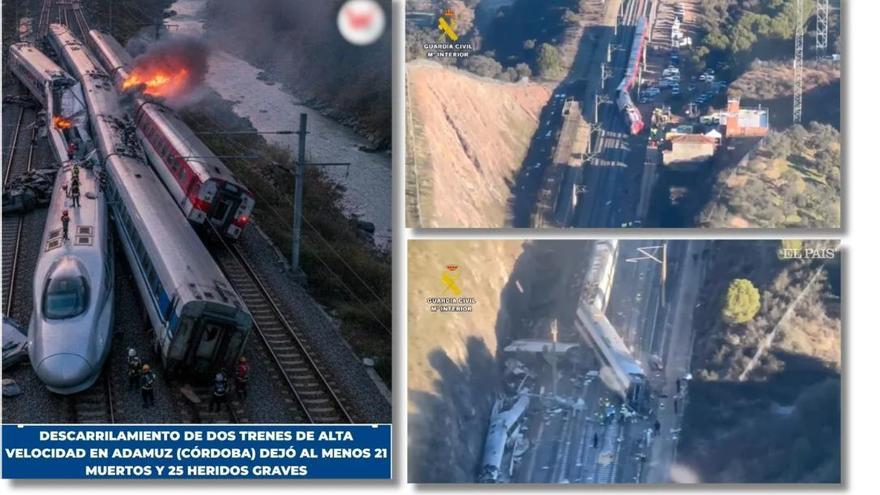 A la izquierda, la imagen del falso incendio en los supuestos trenes accidentados. A la derecha, las imágenes tomadas or la Guardia Civil.