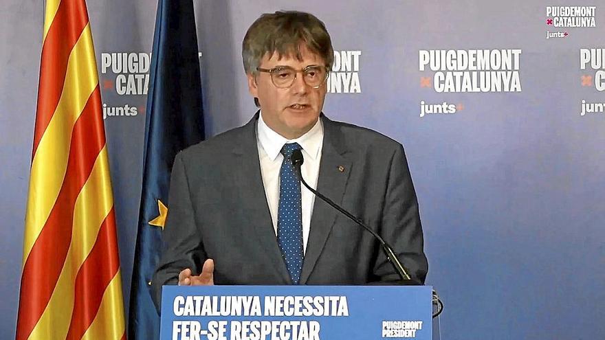 El candidato de Junts, Carles Puigdemont, durante su comparecencia telemática de ayer.