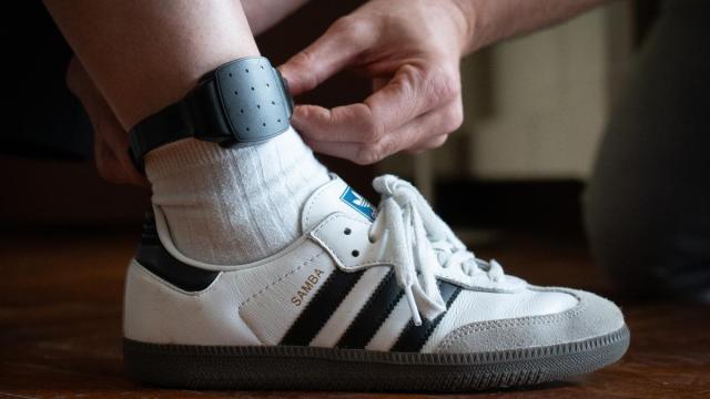 Una persona le coloca a otra una pulsera electrónica de geolocalización telemática.