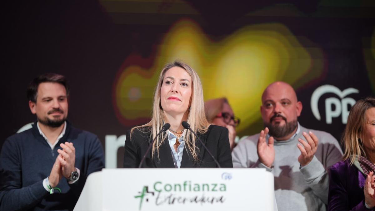 María Guardiola comparece tras su victoria en las pasadas elecciones de Extremadura.
