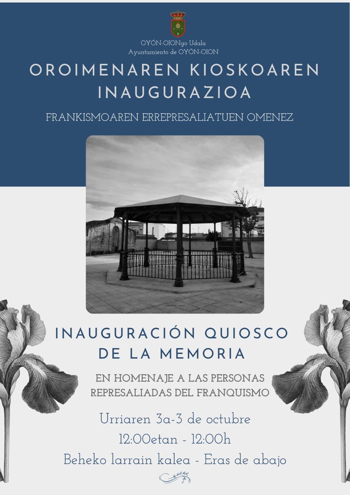 Cartel que anuncia la inauguración del "Kiosko de la memoria" en Oion