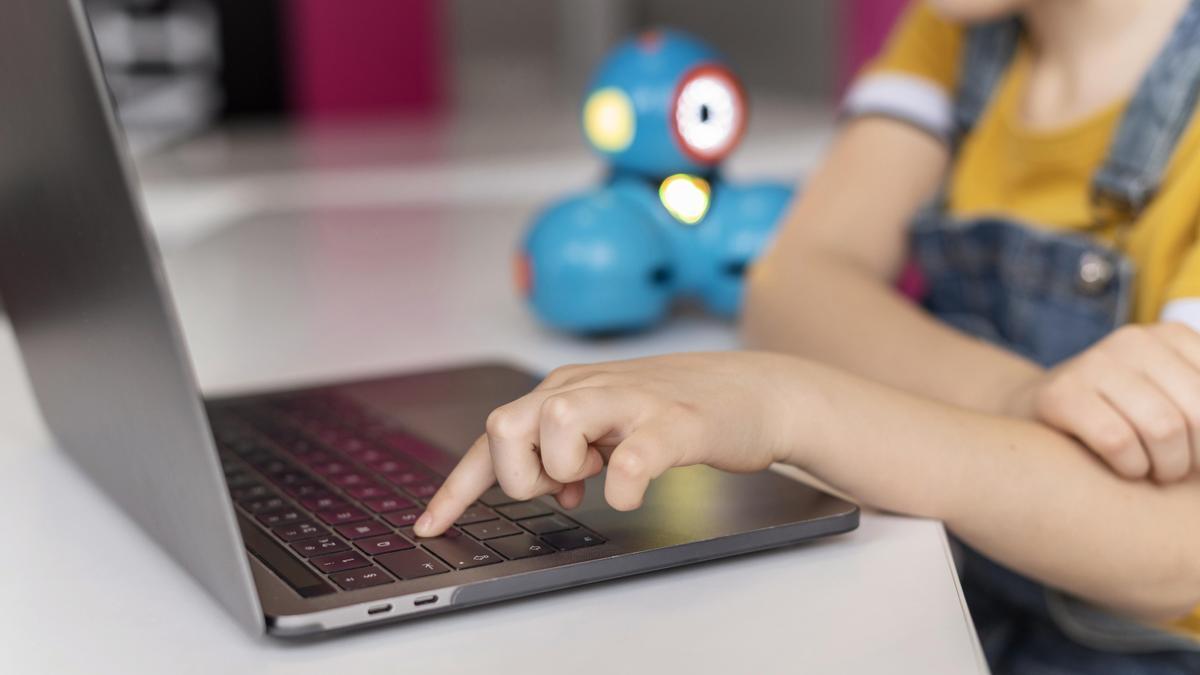 Un niño navegando por Internet con un portátil.