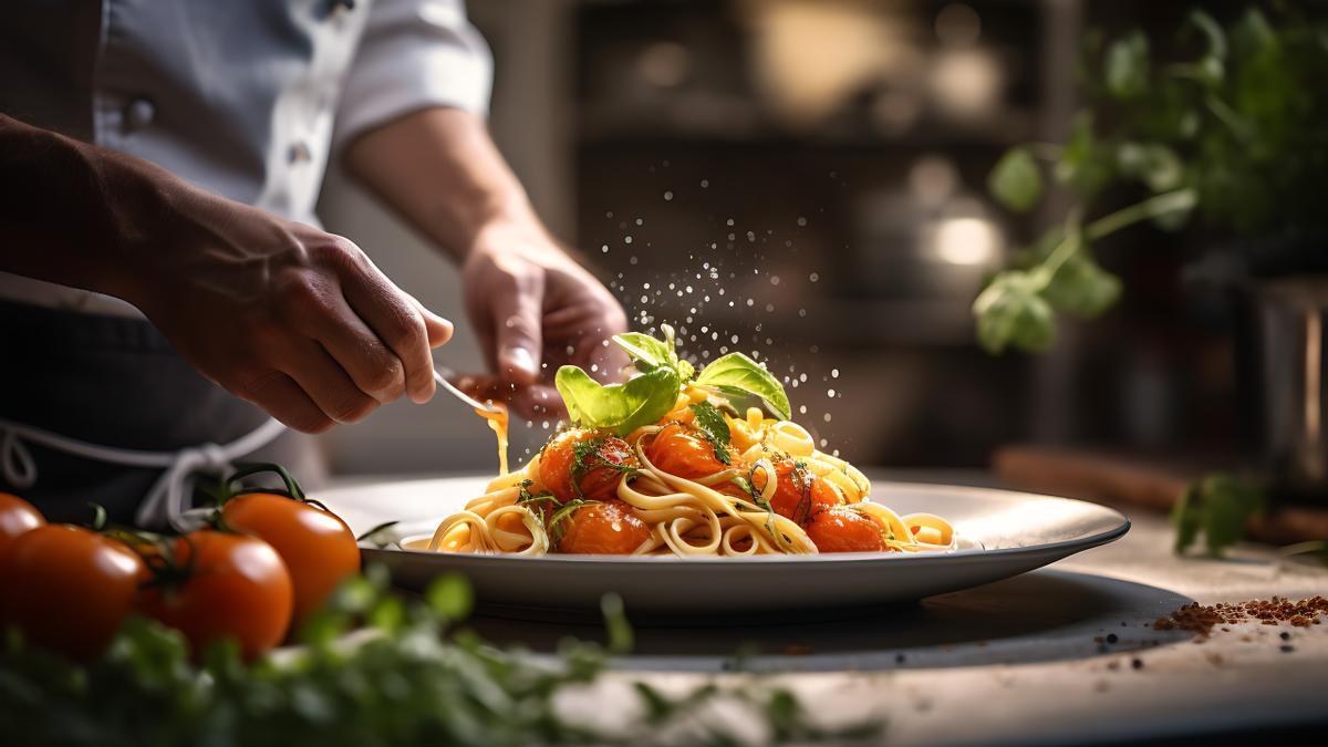 Un cocinero preparando un plato.