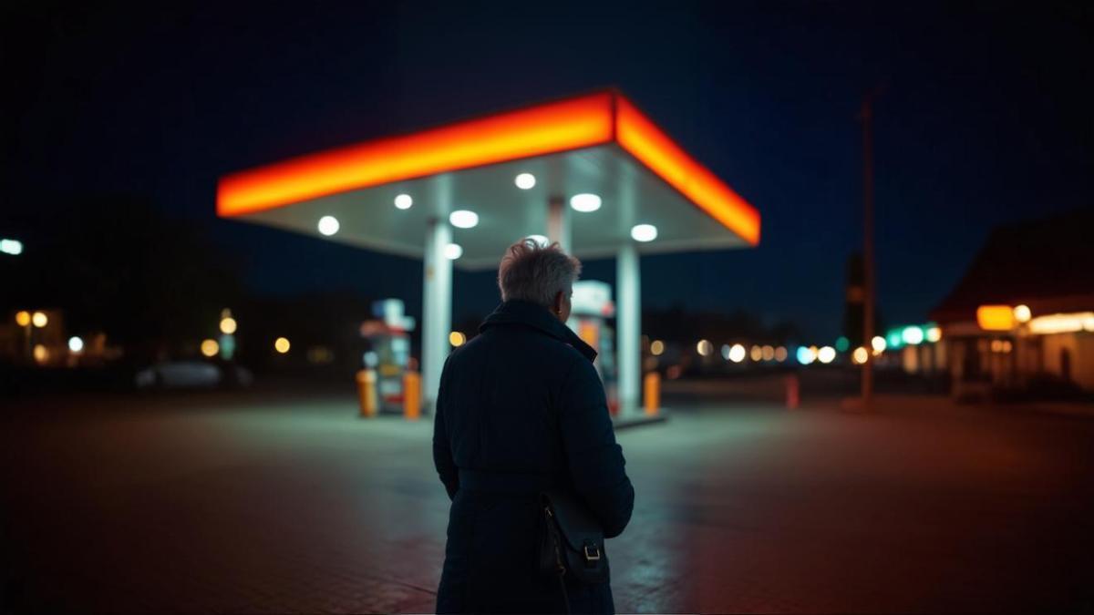 Una señora, esperando de noche en una gasolinera.