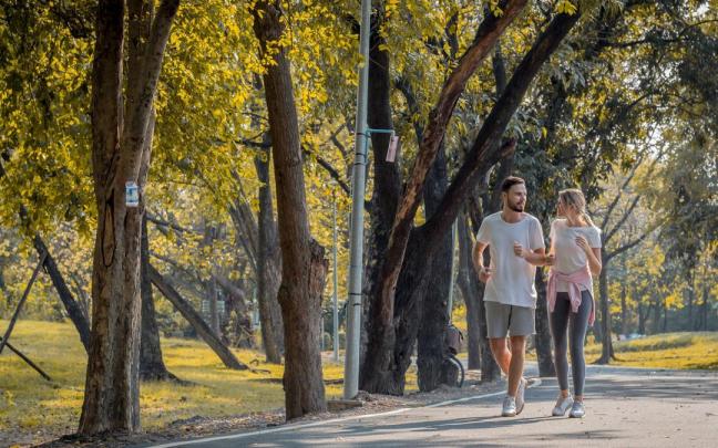 Un hombre y una mujer caminan por un parque.