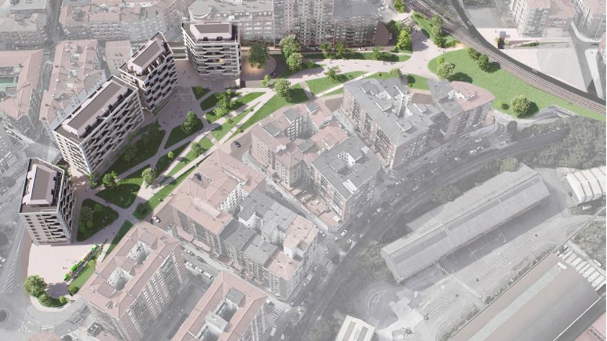 Vista aérea del proyecto 'El Bosque' de remodelación de la antigua playa de vías y creación de un parque en Pozokoetxe