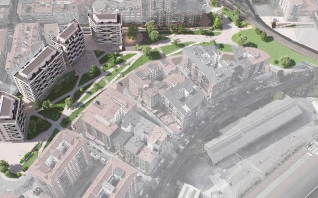 Vista aérea del proyecto 'El Bosque' de remodelación de la antigua playa de vías y creación de un parque en Pozokoetxe