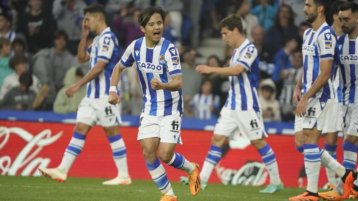Kubo celebra el gol que valió el triunfo ante el Almería. / RUBEN PLAZA