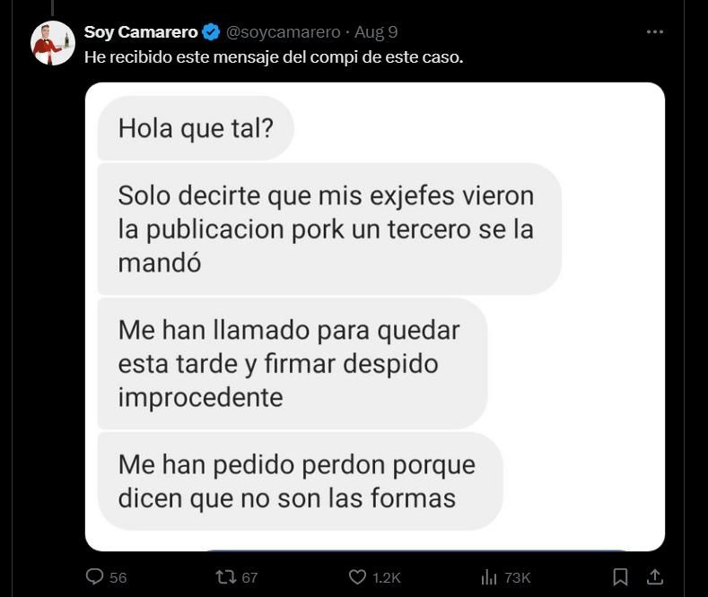 El mensaje del camarero afectado tras el post viral.