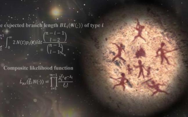Fórmula central del nuevo método de inferencia. La imagen muestra una pintura de un acantilado, que ilustra la población de ancestros humanos que se unen para sobrevivir al peligro desconocido en la oscuridad durante el severo cuello de bot Fórmula central del nuevo método de inferencia. La imagen muestra una pintura de un acantilado, que ilustra la población de ancestros humanos que se unen para sobrevivir al peligro desconocido en la oscuridad durante el severo cuello de bot