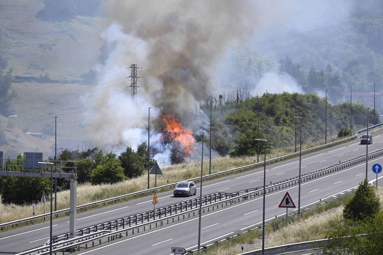 Imagen del incendio de ayer junto a la AP-1 entre Aretxabaleta y Eskoriatza / Arnaitz Rubio