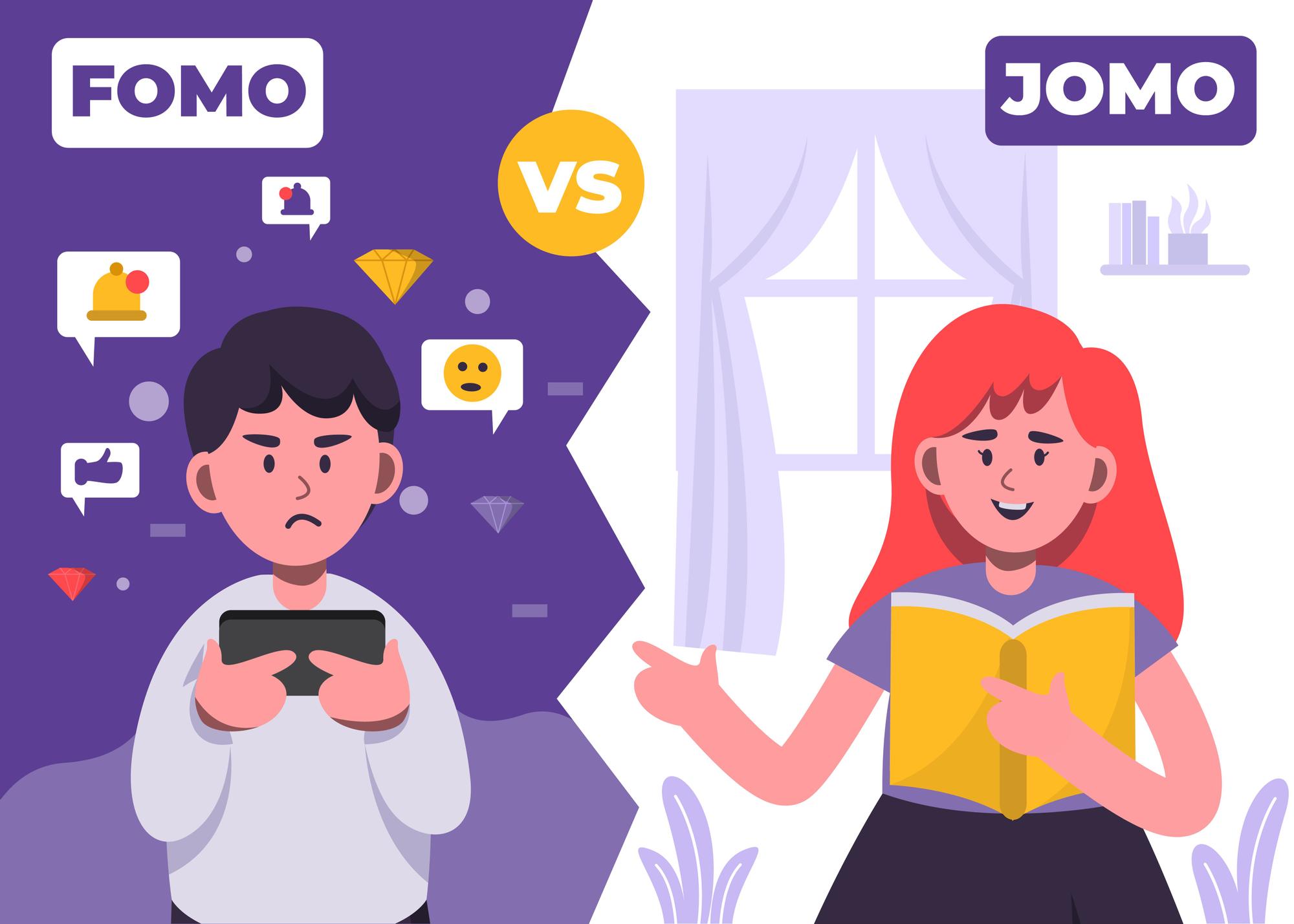 Ilustración que enfrenta un caso de FOMO con otro de JOMO.