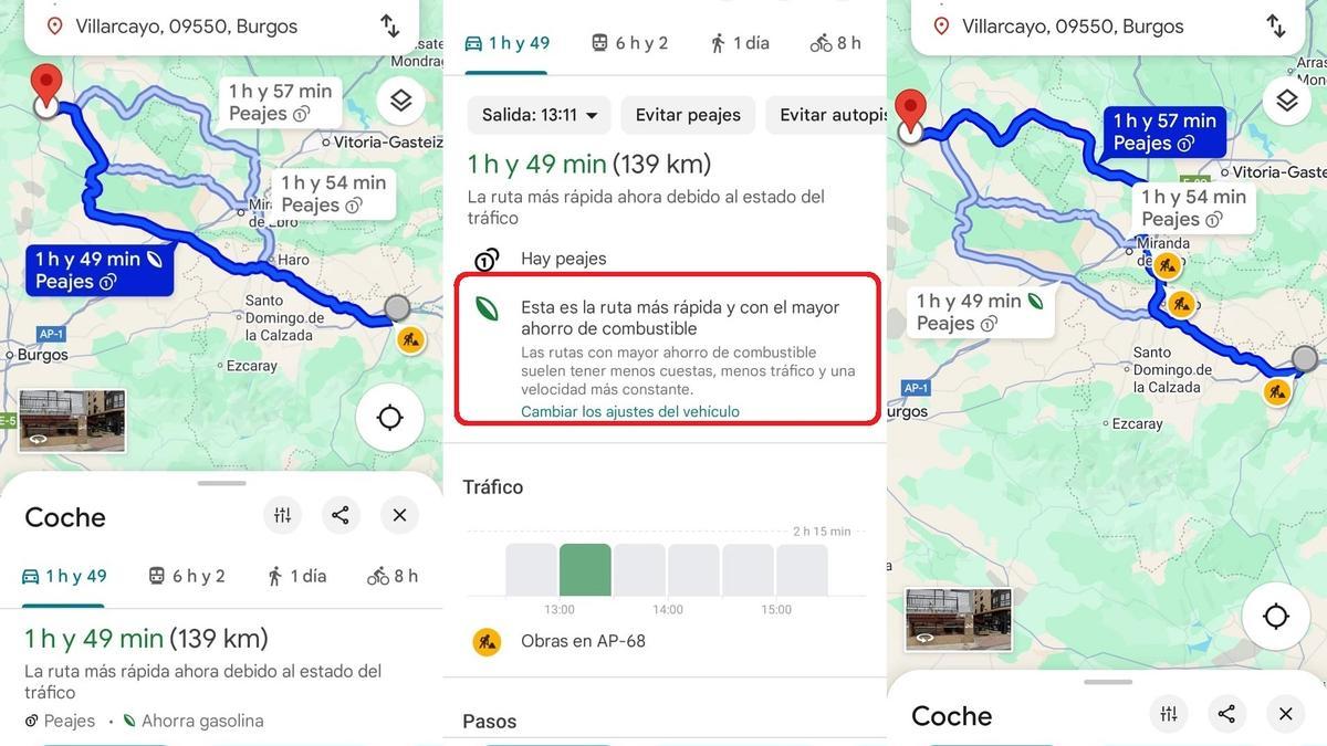 De las tres rutas sugeridas, una muestra el icono de 'ruta ecológica', la que menos combustible necesita, y en este caso también la más rápida.