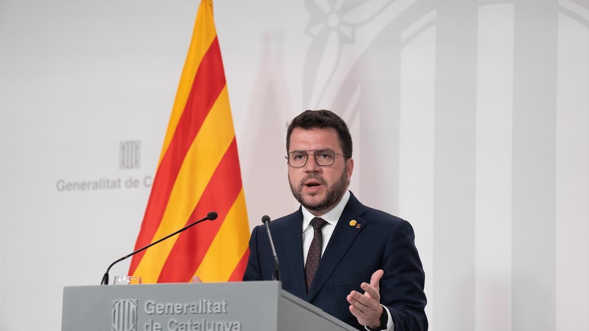 El presidente catalán, Pere Aragonès, durante la comparecencia de este martes.