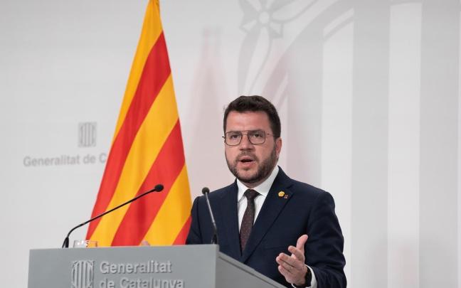 El presidente catalán, Pere Aragonès, durante la comparecencia de este martes. El presidente catalán, Pere Aragonès, durante la comparecencia de este martes.