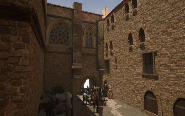 Recreación de Getaria del siglo XV, el pasadizo de Katrapona, entre la iglesia y el espacio Elkano en Zarautz Jauregia.