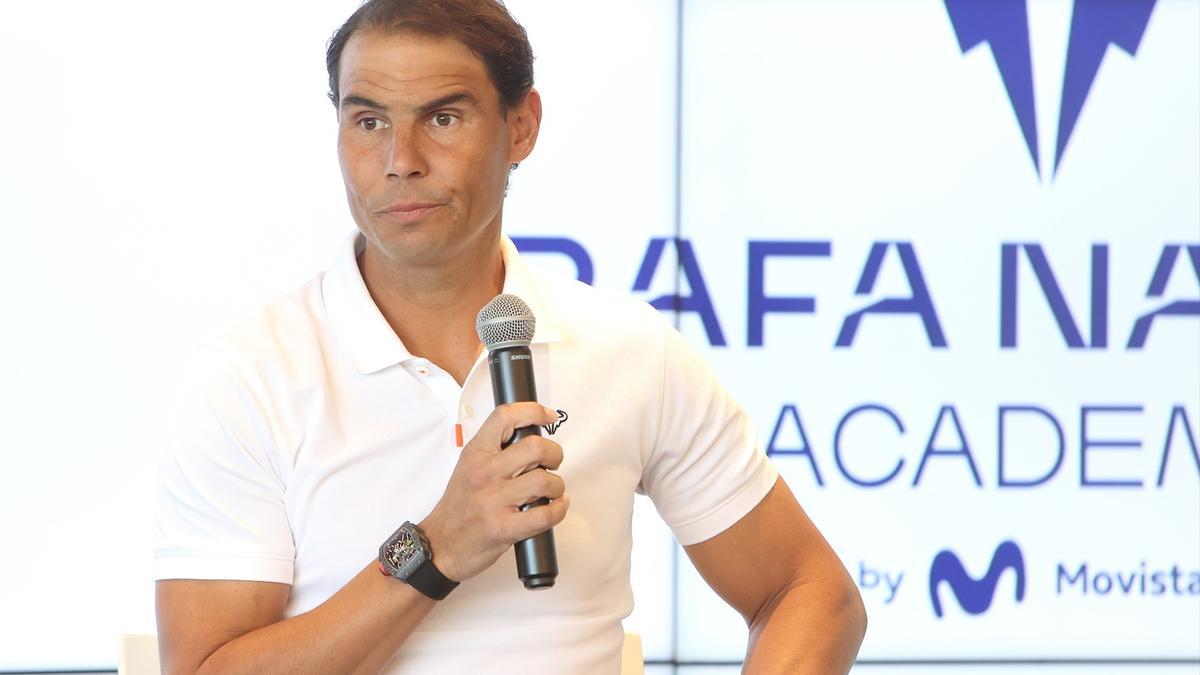 El tenista Rafael Nadal durante una rueda de prensa en la Rafa Nadal Academy by Movistar
