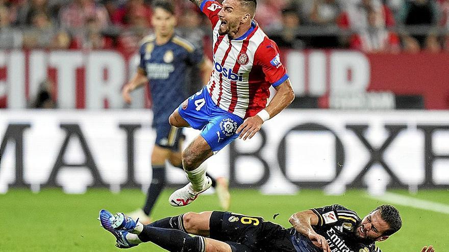 Portu, en el partido de Liga que el Girona ha disputado esta temporada en casa contra el Real Madrid. / EFE