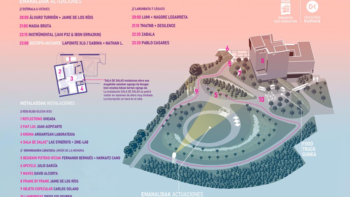 Plano del Jardín de la Memoria y programación de 'Argiartean' 2023. IMAGEN: www.donostiakultura.eus