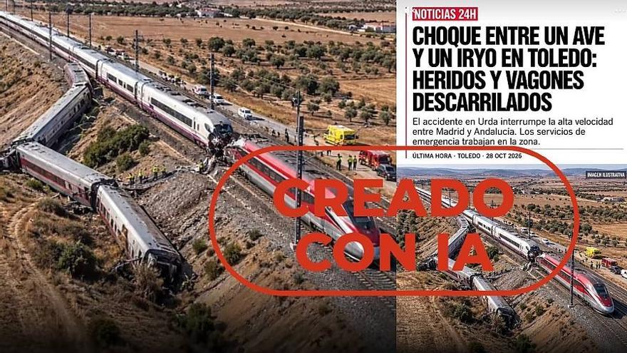 Mensaje de TikTok que difunde una imagen creada con IA del accidente de tren en Urda.