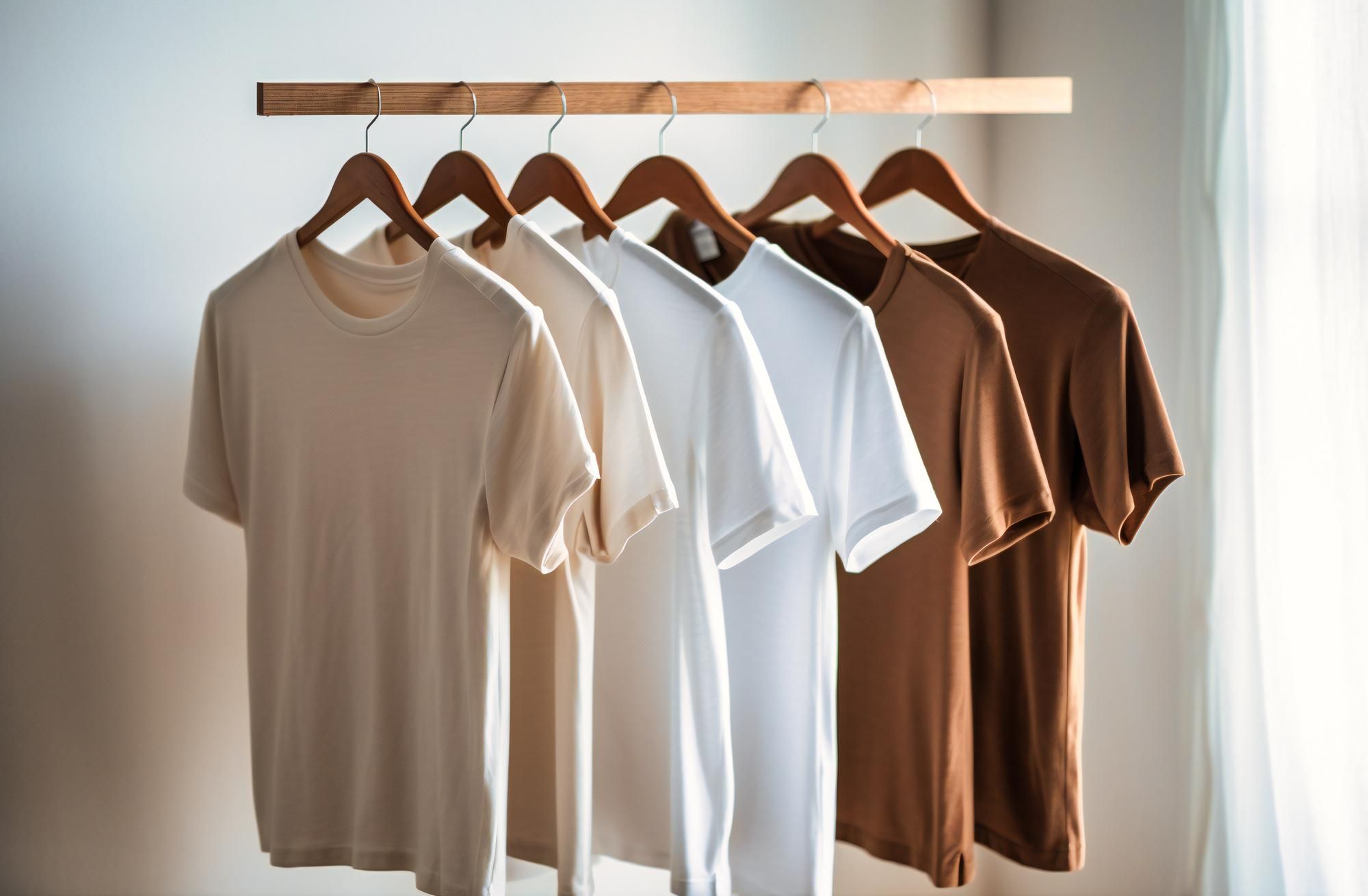 Camisetas de algodón colgando de un perchero.