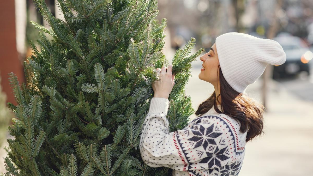 Una joven se acerca a un árbol de Navidad, en principio sin intención de comérselo.