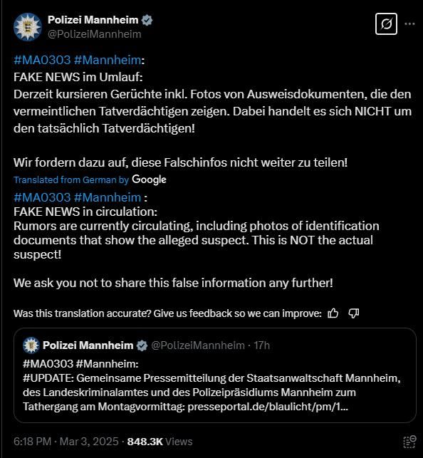 Publicación en X de la Policía de Mannheim.