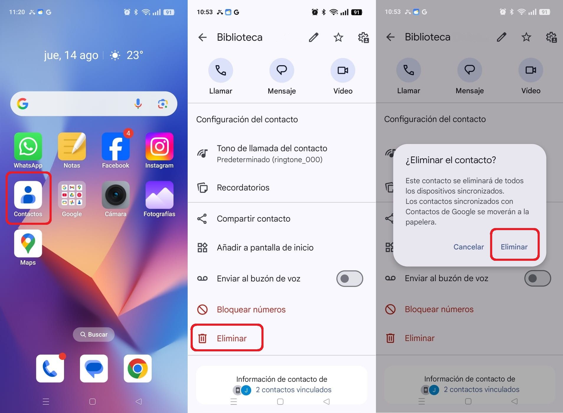 Para borrar un viejo contacto de WhatsApp hay que entrar en la agenda de teléfono, se selecciona y tras clicar en ajustes, pinchar en eliminar.