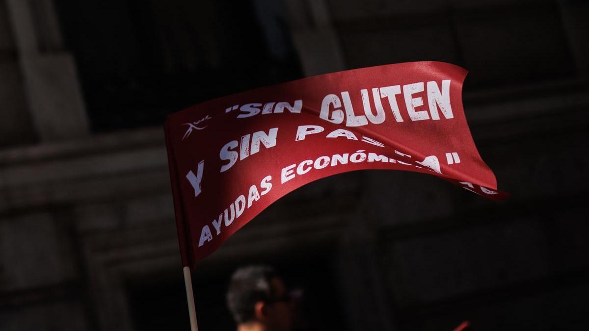 Una persona protesta durante una manifestación de la Asociación de Celíacos y Sensibles al Gluten en Madrid.