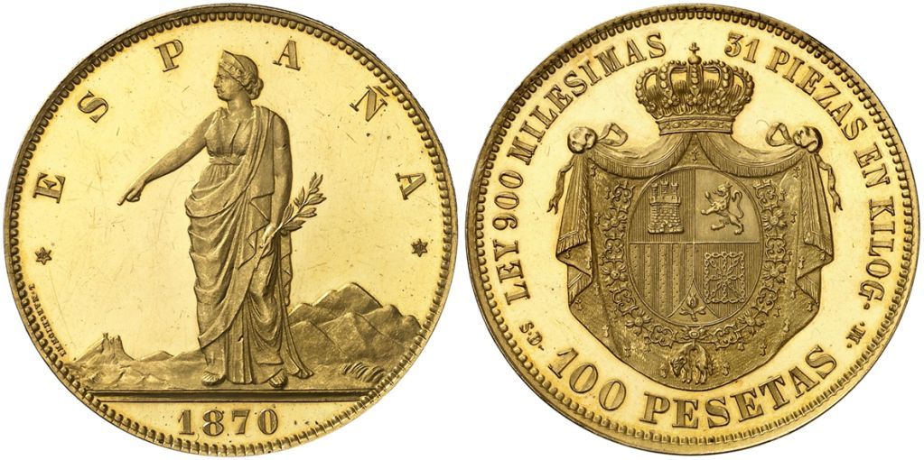 Anverso y reverso de la moneda de 100 pesetas de 1870