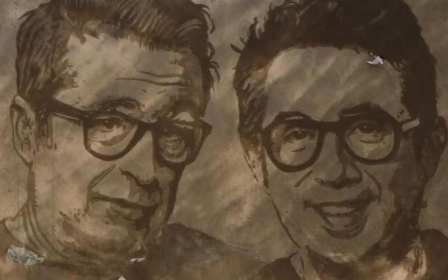 Andreu Buenafuente y Berto Romero dibujados en la arena de Itzurun por Germán Cedano.