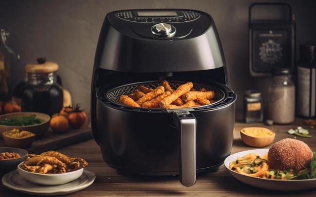 Freidora de aire con comida crujiente en la cesta.