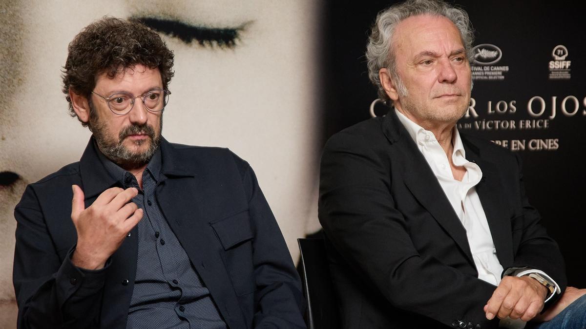 El director de cine Víctor Erice (i) y el actor José Coronado (d) durante una entrevista para presentar su película ‘Cerrar los ojos’.