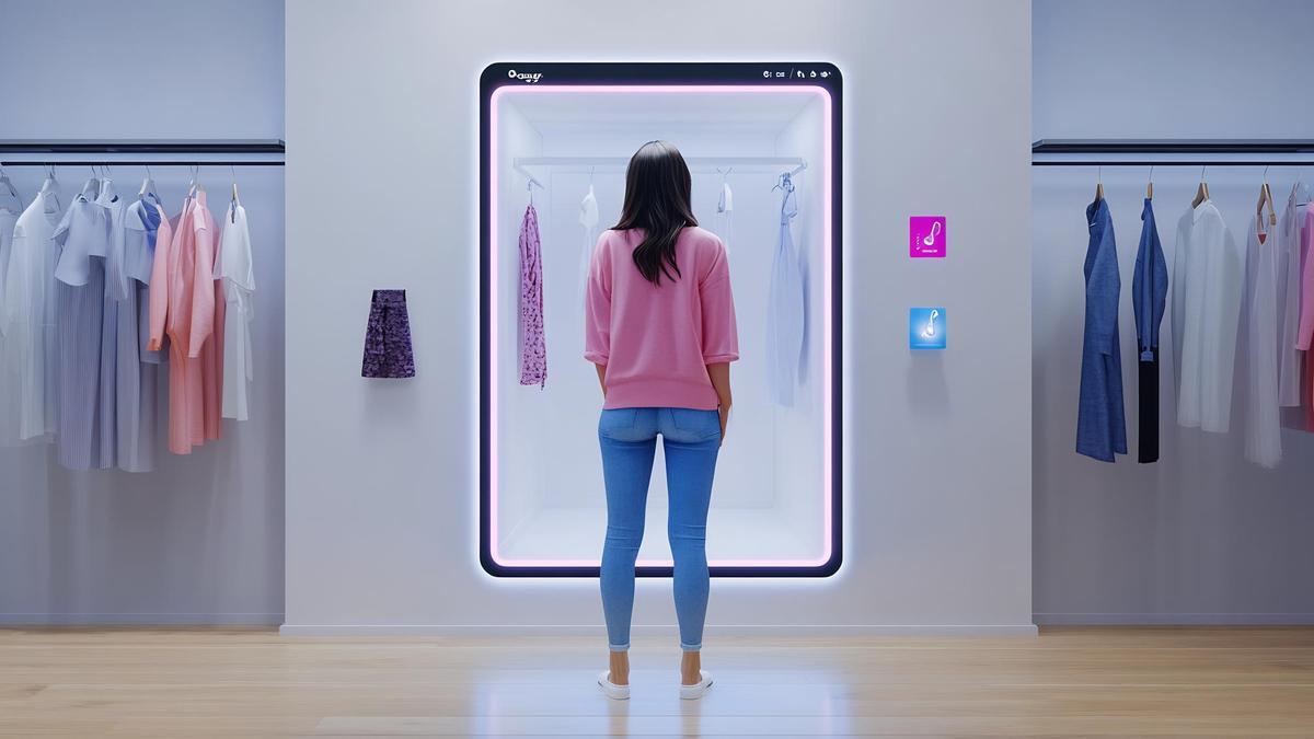 Una mujer se prueba ropa con tecnología de vestuario virtual.
