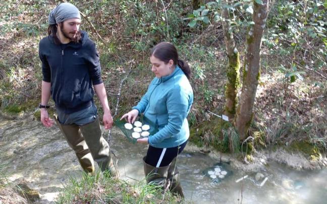 Diana Rojo analizando muestras de agua del río.