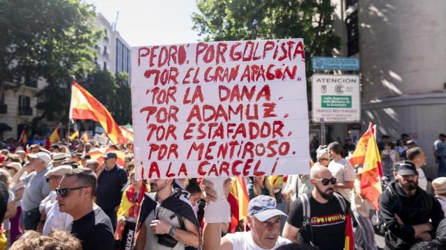 Un manifestante porta una pancarta contra Pedro Sánchez