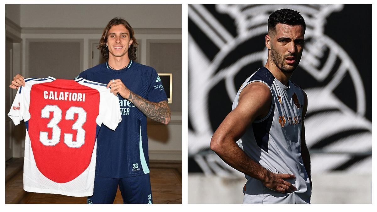 Mikel Merino con la camiseta del Arsenal, y Mikel Merino durante un entrenamiento de la pasada temporada. / N.G.