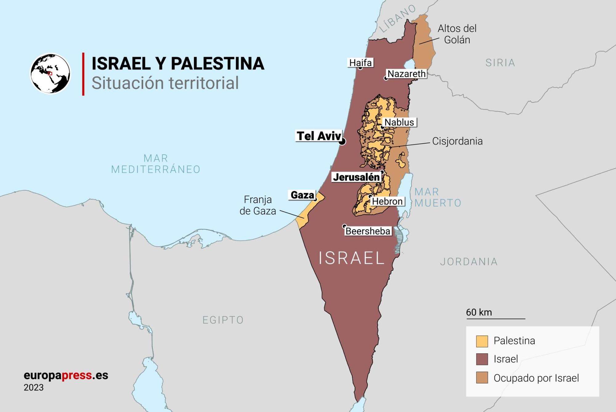 La situación territorial de Israel y Palestina actualmente.