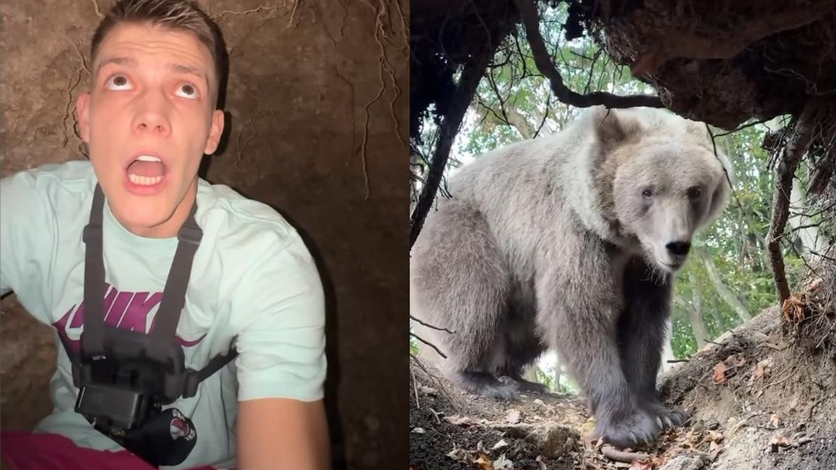 El joven, asustado en la cueva ante la llegada del oso.